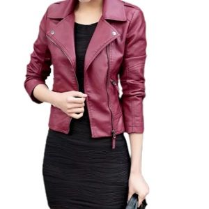 Leather Moto Jacket Boutique (Faux Leather) S Coat Alt Fash Zip Snap Maroon Red